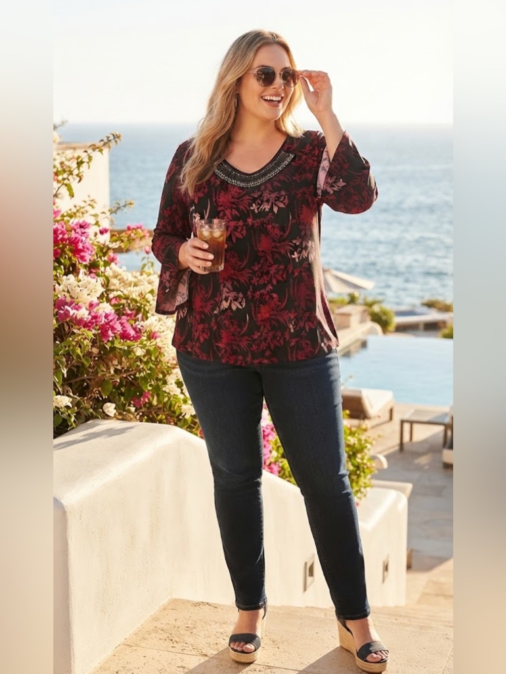 SIZE XL Susan Graver® NEW Women's Black Red Floral Embellished Top Artisan